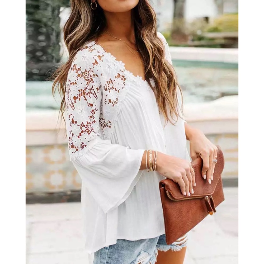 SOLD OUT White Boho Crochet Lace Button Up Blouse Top - Picture 1 of 4
